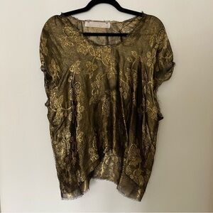 Lanvin silk brocade gold metallic floaty semi-sheer raw edge asymmetric blouse